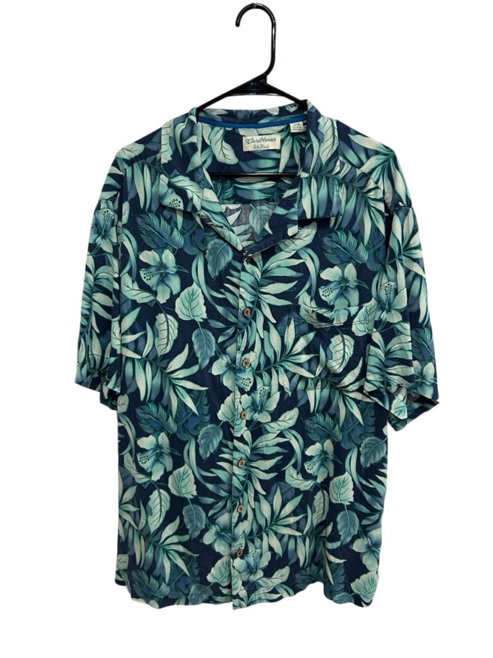 Caribbean 2XB Mens Blue Floral Silk Blend Hawaiian Button Down Shirt Tropical